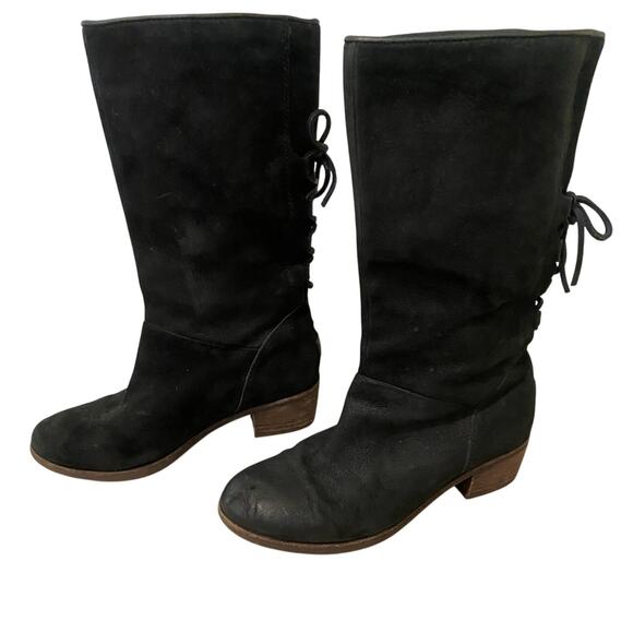 UGG Cary Black Suede Leather Lace up Block Heel Mid Calf Boots 6 1005949 - Picture 4 of 12